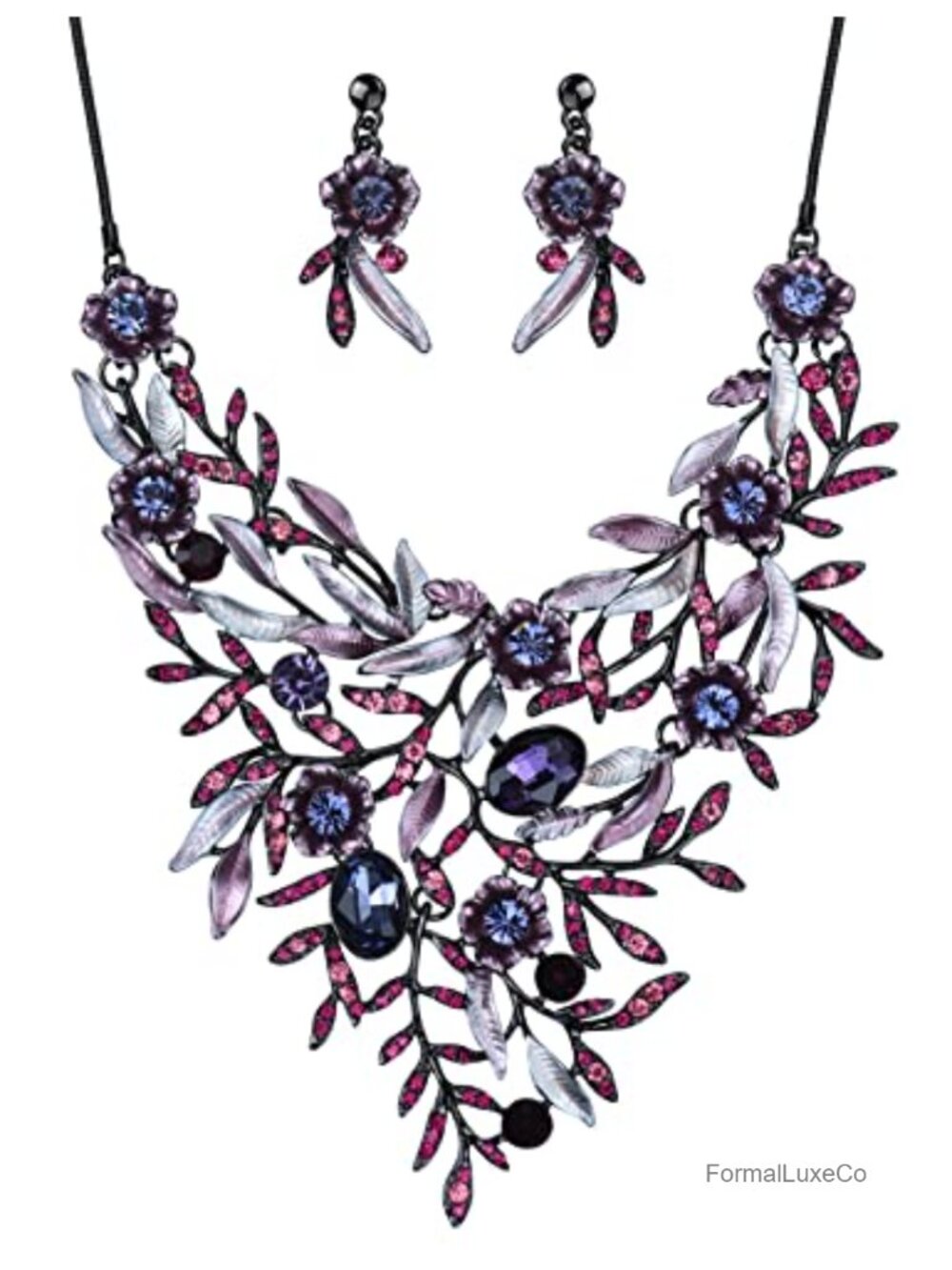 Women's Vintage Crystal Flower Statement Bib Necklace & Earrings Set Jewelry,